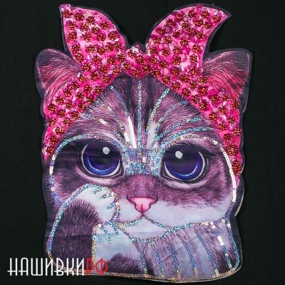 Большая нашивка киска расшитая пайетками